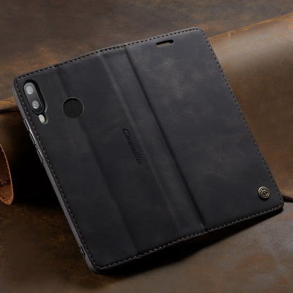 Retro leather flip case for a smartphone with stitched edges and a card window panel