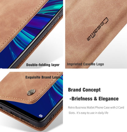 Tan leather flip wallet case with double-fold layer and branded logo on the front