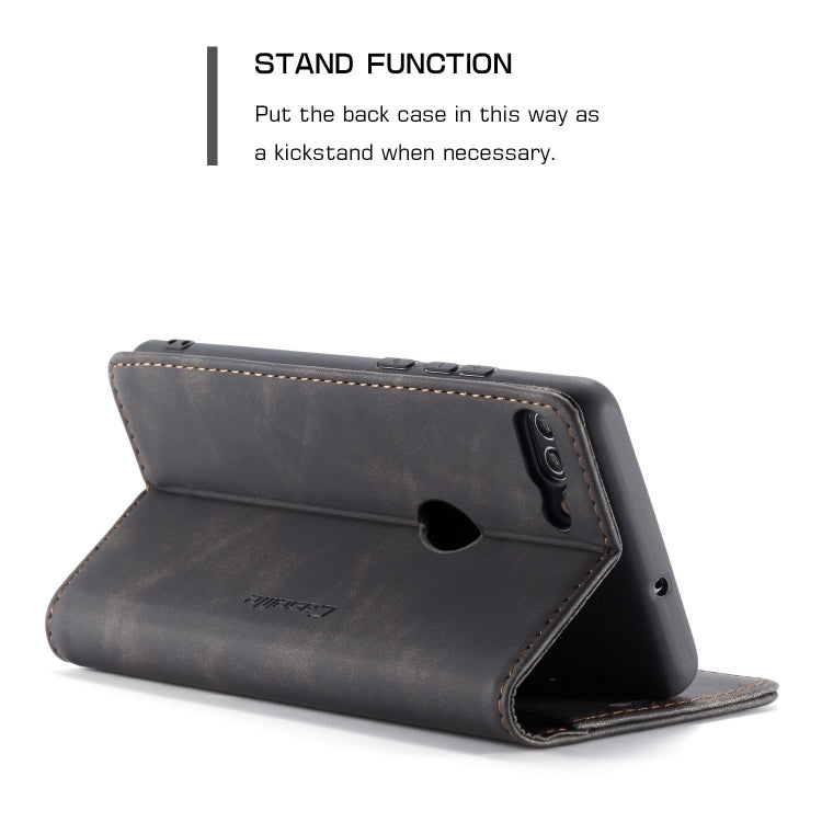 Dark leather horizontal flip phone wallet case in stand position with cutout