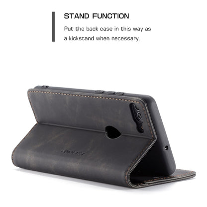 Dark leather horizontal flip phone wallet case in stand position with cutout