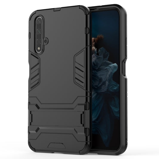 Black rugged shockproof phone case with holder, tough TPU/PC shell for Honor 20