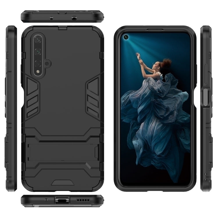 Black rugged shockproof phone case with holder, phone front and back openings shown