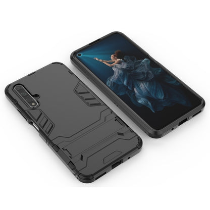 Black rugged shockproof phone case with holder, angled view of front and back