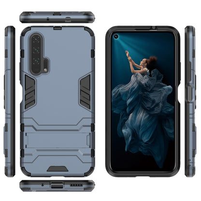 Shockproof hybrid case with holder, navy blue, front and back views for Honor 20 Pro.