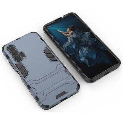 Shockproof hybrid case with holder, navy blue, phone front and back shown for Honor 20 Pro.
