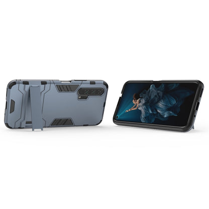 Shockproof hybrid phone case with holder, navy blue, side profile and back for Honor 20 Pro.