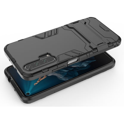 Shockproof hybrid phone case with kickstand, dark gray base with navy blue phone for Honor 20 Pro.