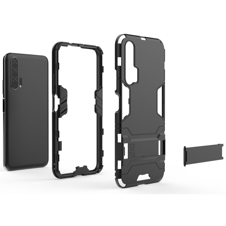 Shockproof hybrid phone case, dark gray/black with cutouts and open frame, for Honor 20 Pro.