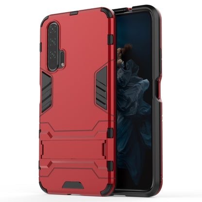 Shockproof hybrid phone case with holder, red and black trim, for Huawei Honor 20 Pro.