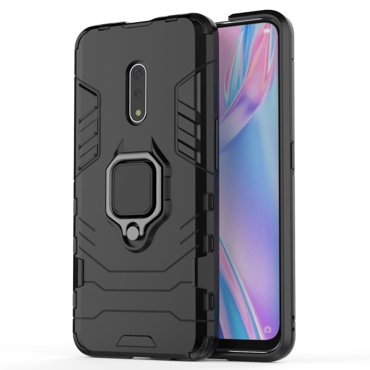 Black shockproof phone case with ring magnetic holder, raised edges, and cutouts