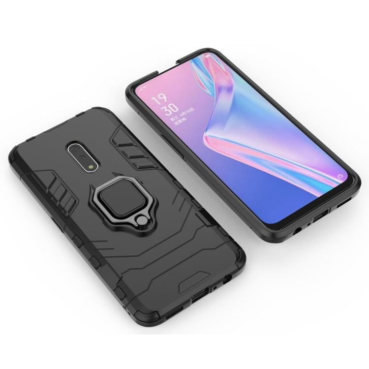 Black rugged phone case with magnetic ring holder; front and back views