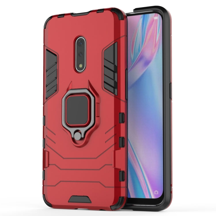 Red shockproof phone case with magnetic ring holder; front screen and back shown