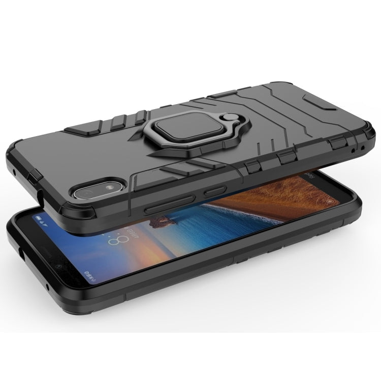 Black rugged phone case with magnetic ring holder, front and back view