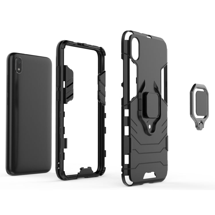 Black rugged phone case shown with separate back cover and magnetic ring holder