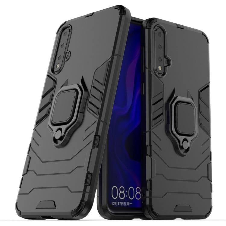 Black shockproof phone case with magnetic ring holder, two-piece front and back view