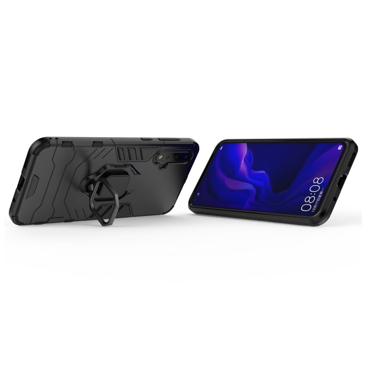 Black shockproof phone case with magnetic ring holder, back and front angle view