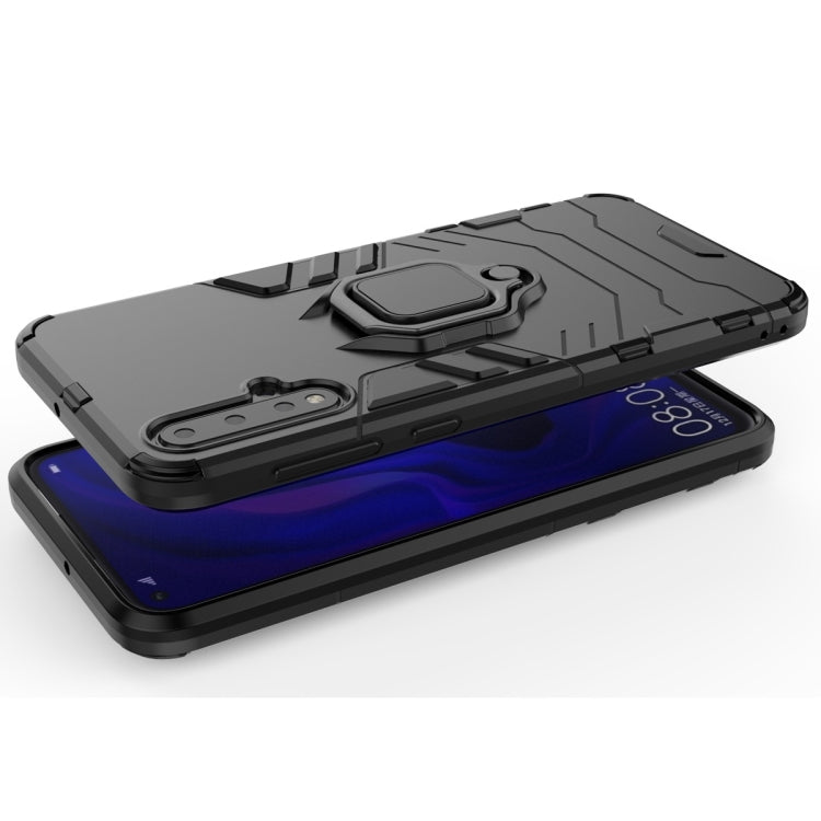 Black shockproof phone case with magnetic ring holder, back cover and screen-side view
