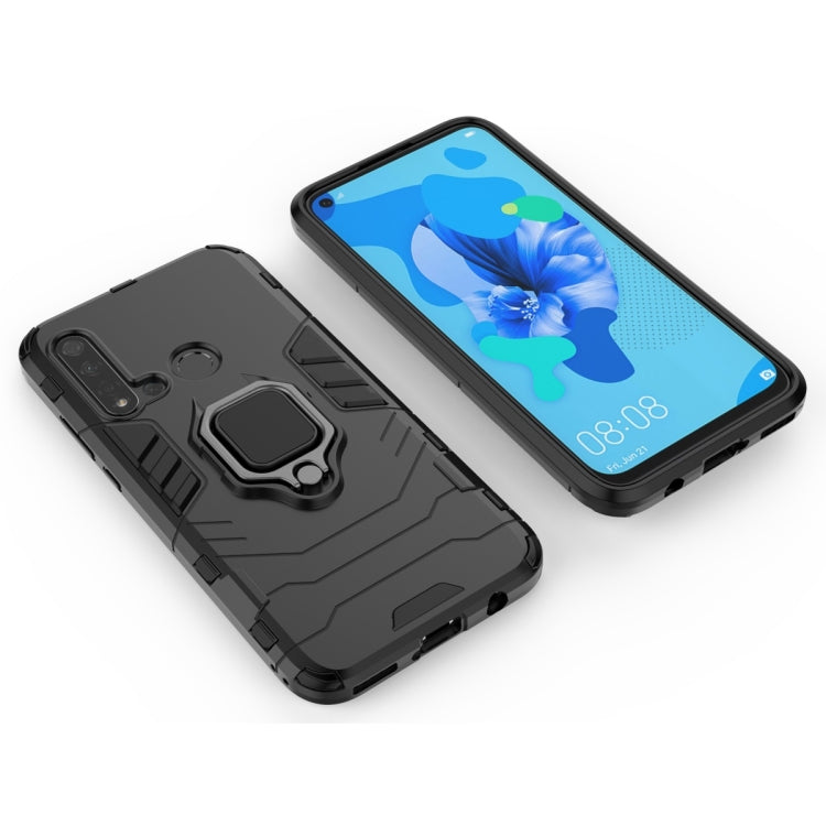 Black shockproof phone case with magnetic ring holder, front and back views