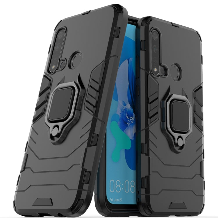 Black shockproof phone case with magnetic ring holder, side-by-side angles