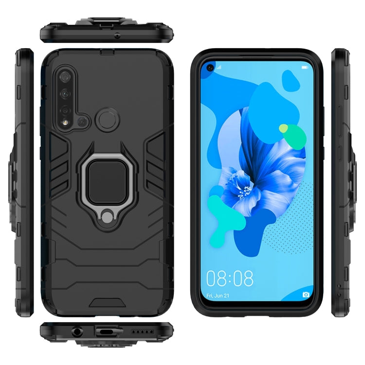 Black shockproof phone case with magnetic ring holder, front, back, and side views