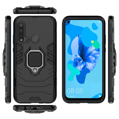 Black shockproof phone case with magnetic ring holder, front, back, and side views
