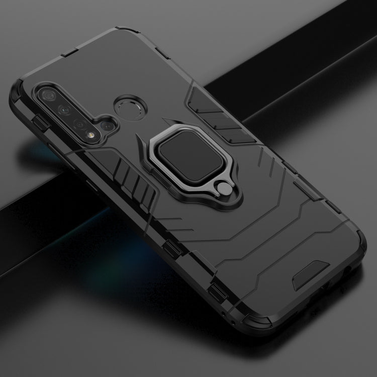 Black shockproof phone case detail with magnetic ring holder and camera openings