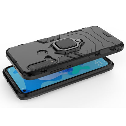 Black shockproof phone case with magnetic ring holder, angled top view
