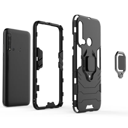 Black shockproof phone case set with magnetic ring holder, parts laid out
