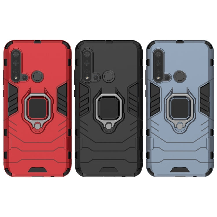 Shockproof phone case shells in red, black, and light blue with magnetic ring holders