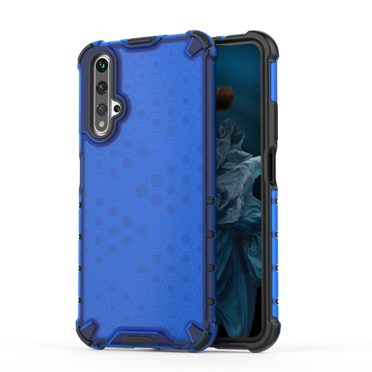 Blue shockproof phone case with honeycomb pattern and raised bumper corners