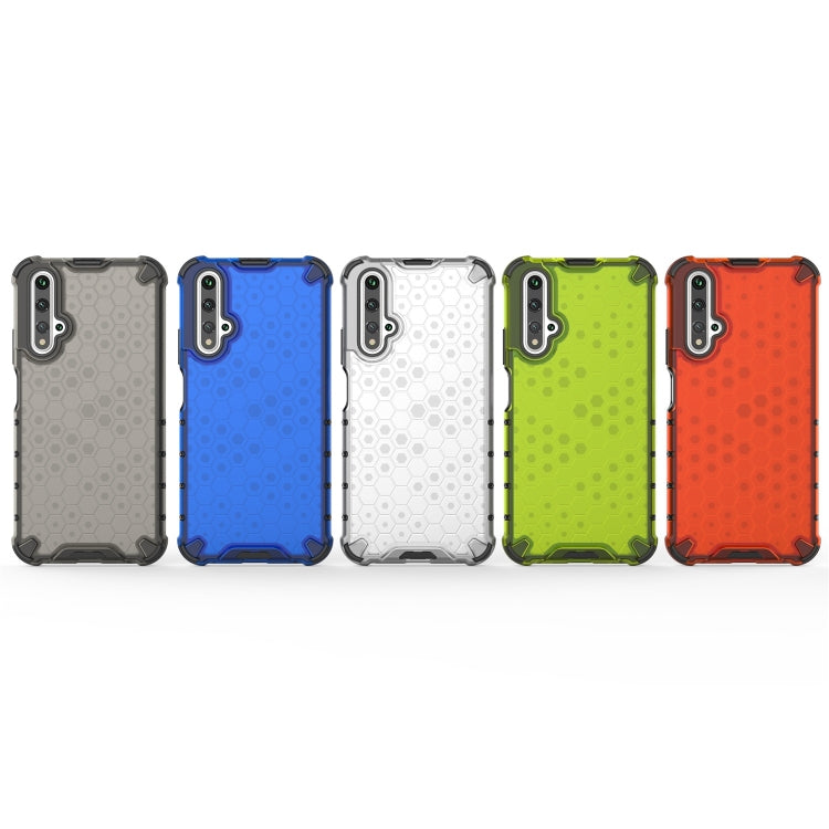 Set of honeycomb shockproof phone cases in blue, green, white, and red