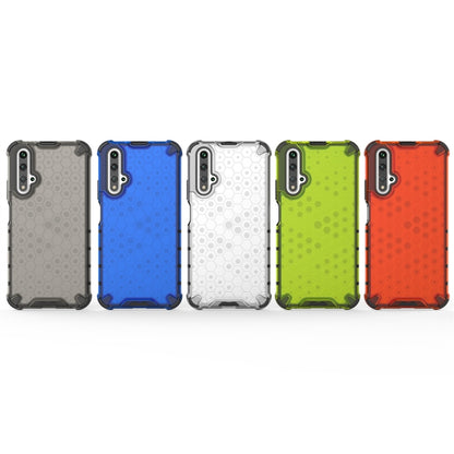 Set of honeycomb shockproof phone cases in blue, green, white, and red