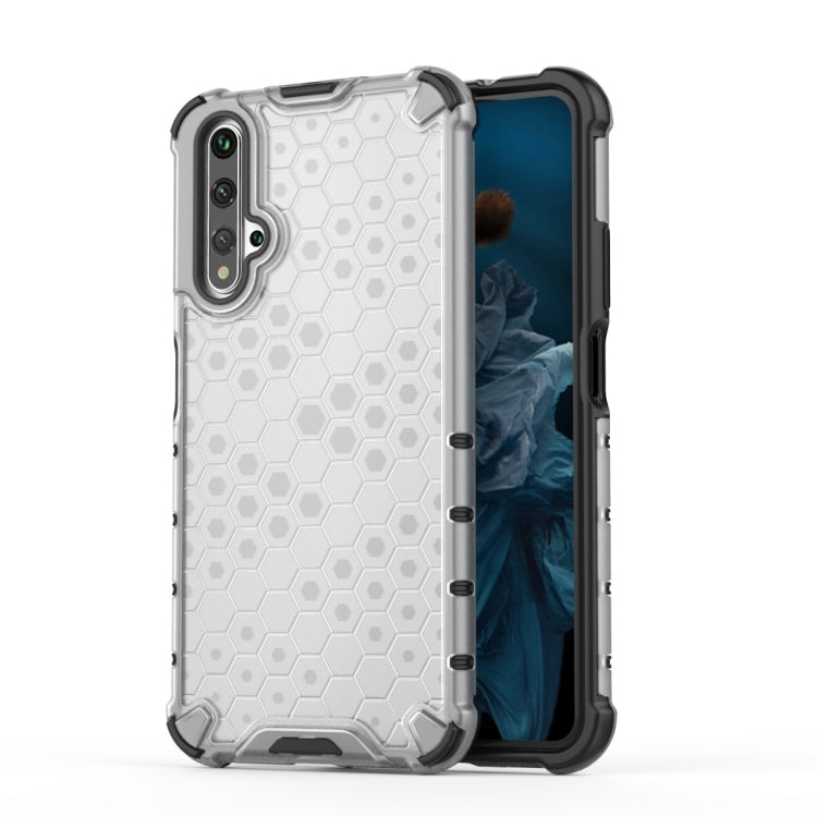 White shockproof phone case with honeycomb pattern and raised bumper corners