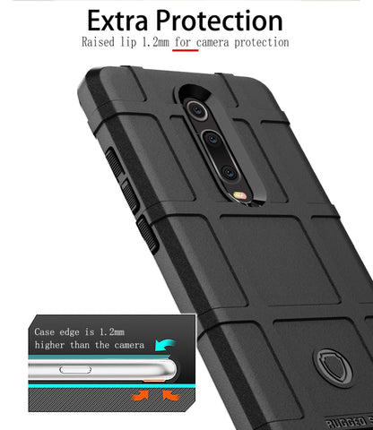 Black rugged silicone phone case with raised lip for extra camera protection