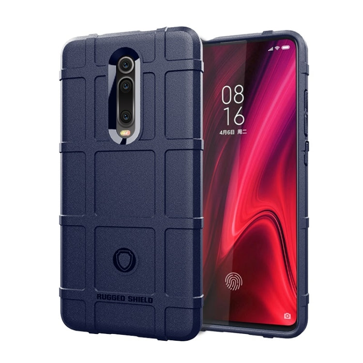 Blue rugged silicone phone case with textured armor back and dual camera openings