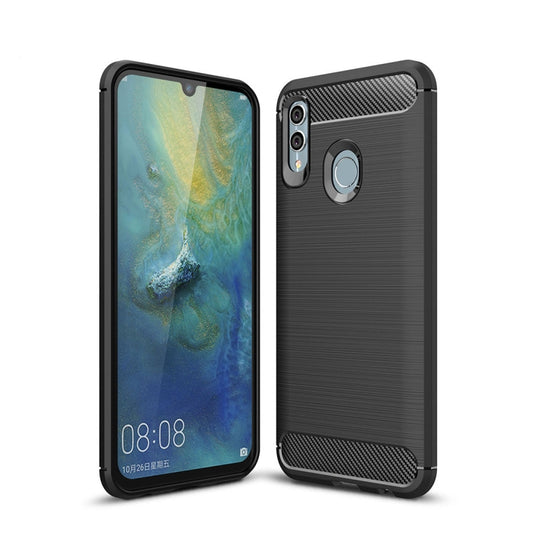 Black TPU shockproof phone case with carbon fiber texture, ring stand, cutouts