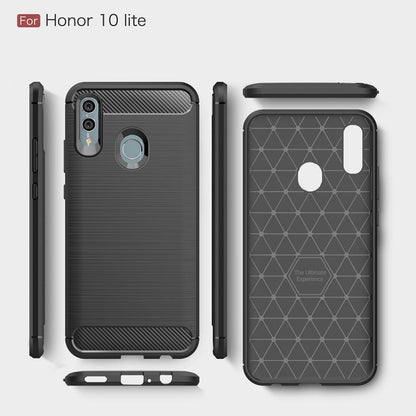 Black TPU case shown front and back with carbon fiber top and camera cutouts