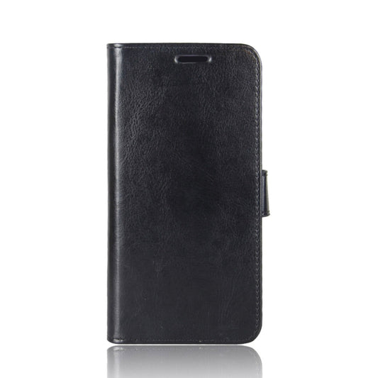 Black leather flip phone case with stitched edges and side camera cutout