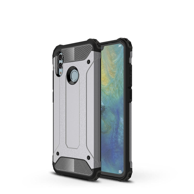 Silver rugged phone case with black raised corners and camera cutout