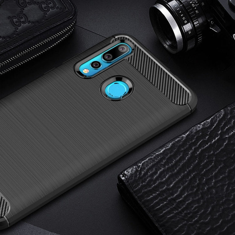 Black carbon-fiber textured TPU phone case with camera cutouts and blue accent