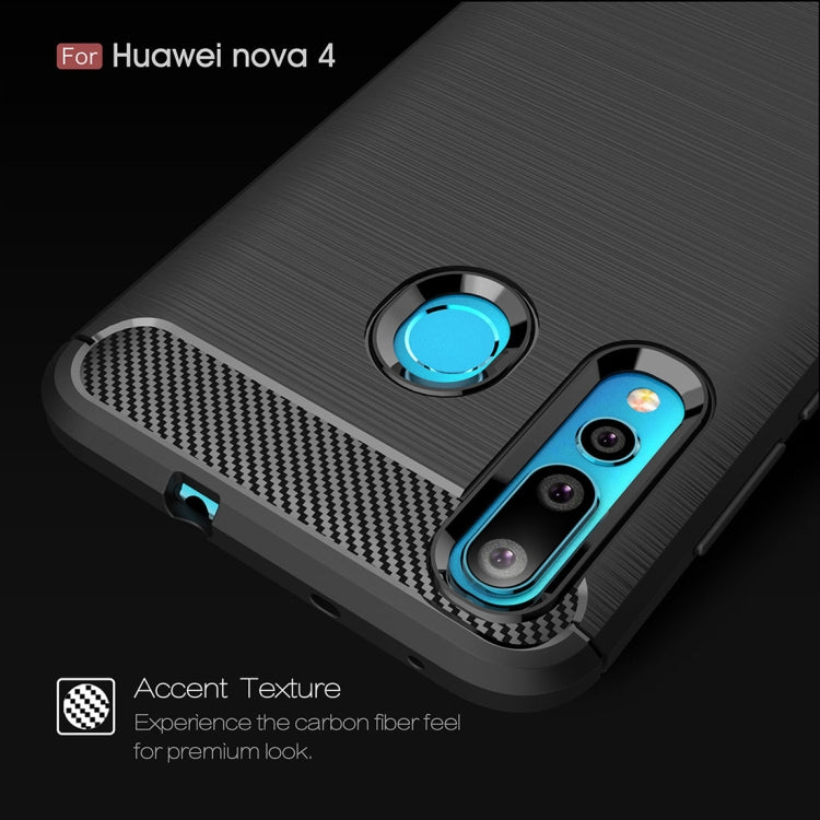 Black brushed carbon-fiber TPU phone case with blue ring camera and cutouts for Huawei Nova 4
