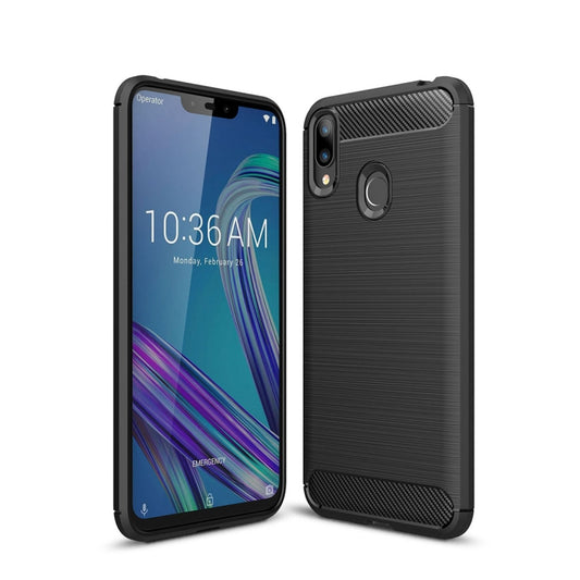 Black TPU phone case with brushed carbon fiber texture and raised camera lip