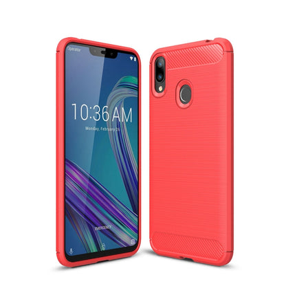 Red TPU phone case with brushed carbon fiber texture and raised camera cover