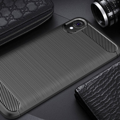 Brushed carbon-fiber TPU phone case, black with camera cutout and textured grip