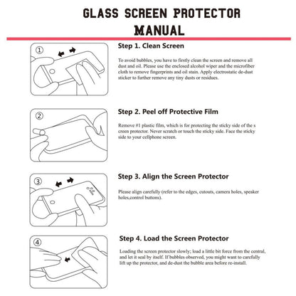Screen protector manual showing cleaning, peeling film, aligning, and installing